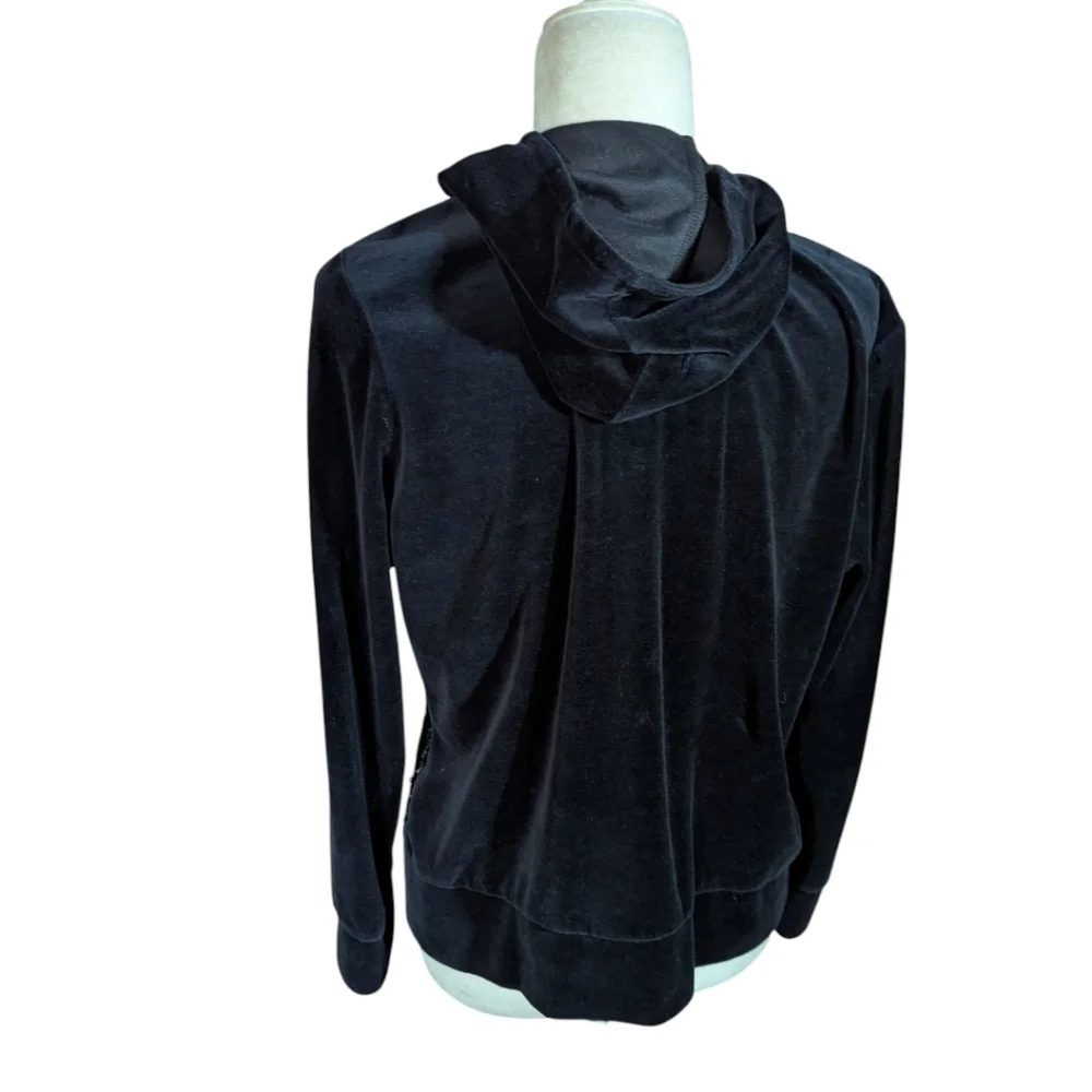 Y2K Onque Casuals Black Velour Zip Up Hooded Jacket Sparkles Sequins Front Sz L